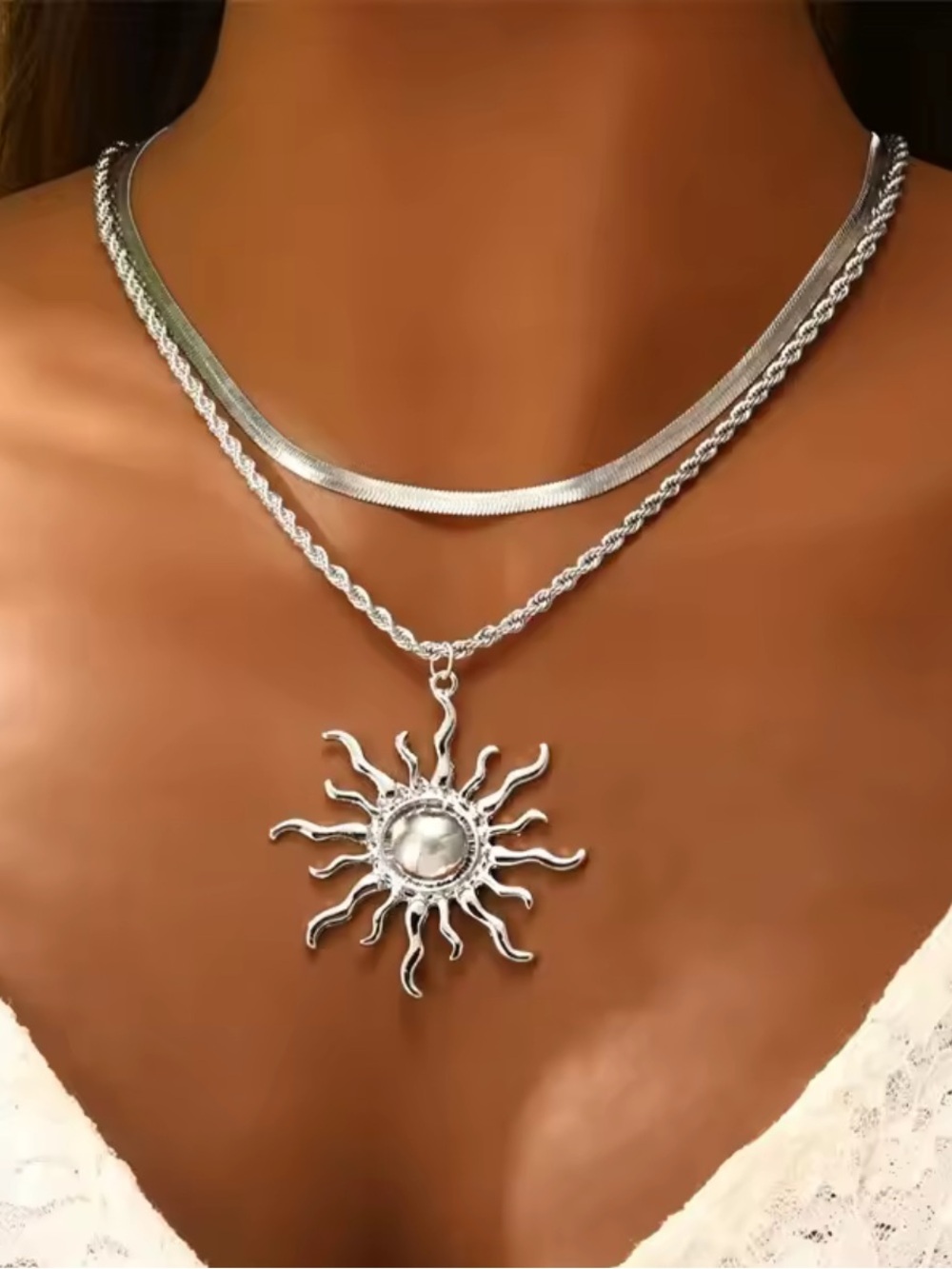 Silver Sunburst Layered Pendant Necklace